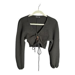 ASOS Black Long Sleeve Cropped Cinched Front V Neck Top Size 4